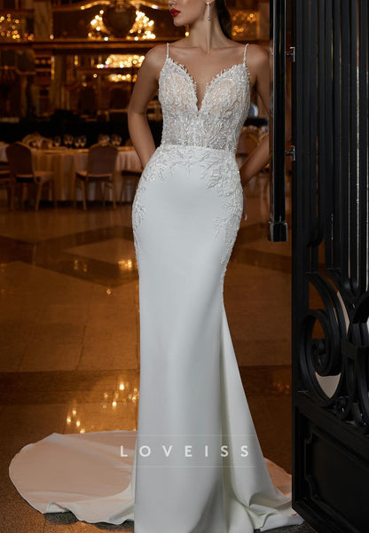 V-Neck Spaghetti Straps Appliques Mermaid Wedding Dress