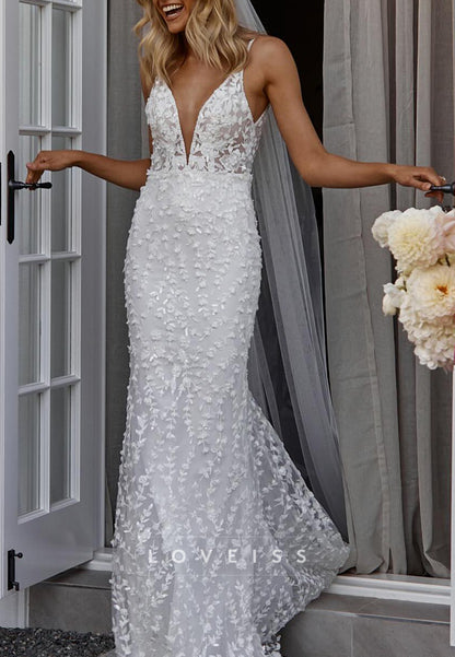 V-Neck Spaghetti Straps Appliques Mermaid Wedding Dress