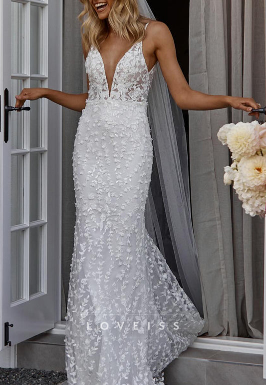 V-Neck Spaghetti Straps Appliques Mermaid Wedding Dress