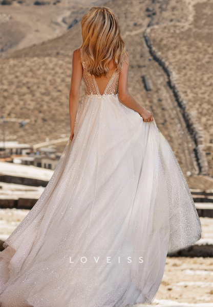 V-Neck Spaghetti Straps Appliques Pleated High Slit A-Line Beach Wedding Dress