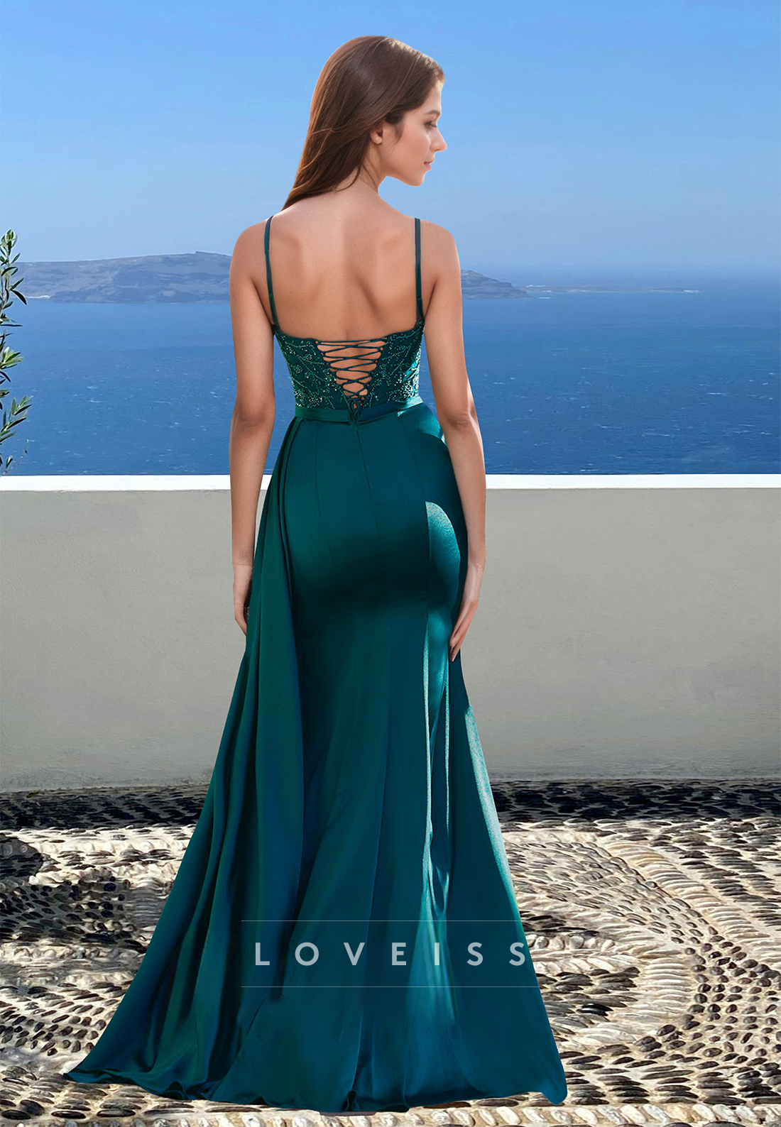 V-Neck Spaghetti Straps Appliques Pleated Sheath Prom Dress