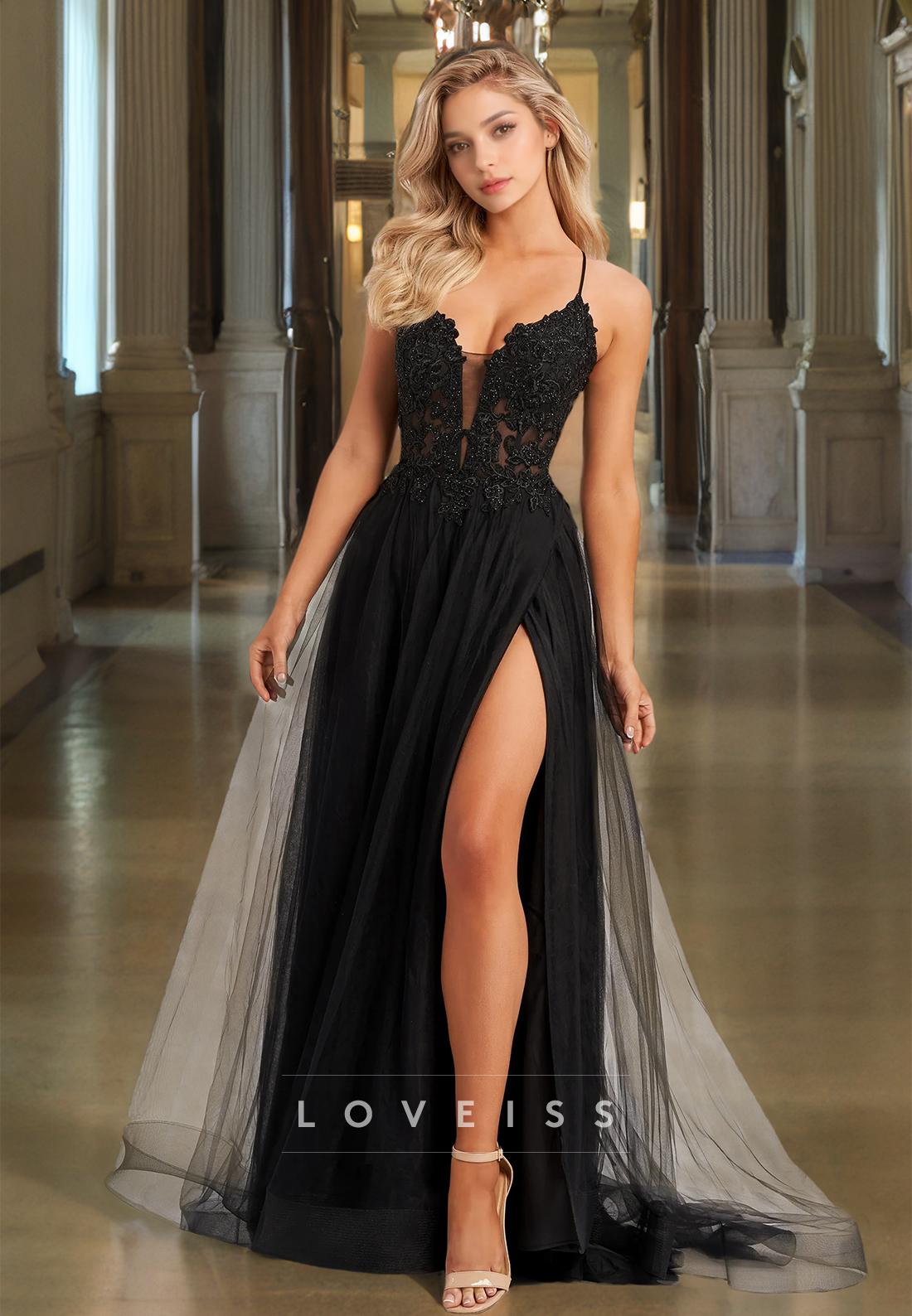 This Scoop Spaghetti Straps Appliques Pleated A-Line Prom Dress