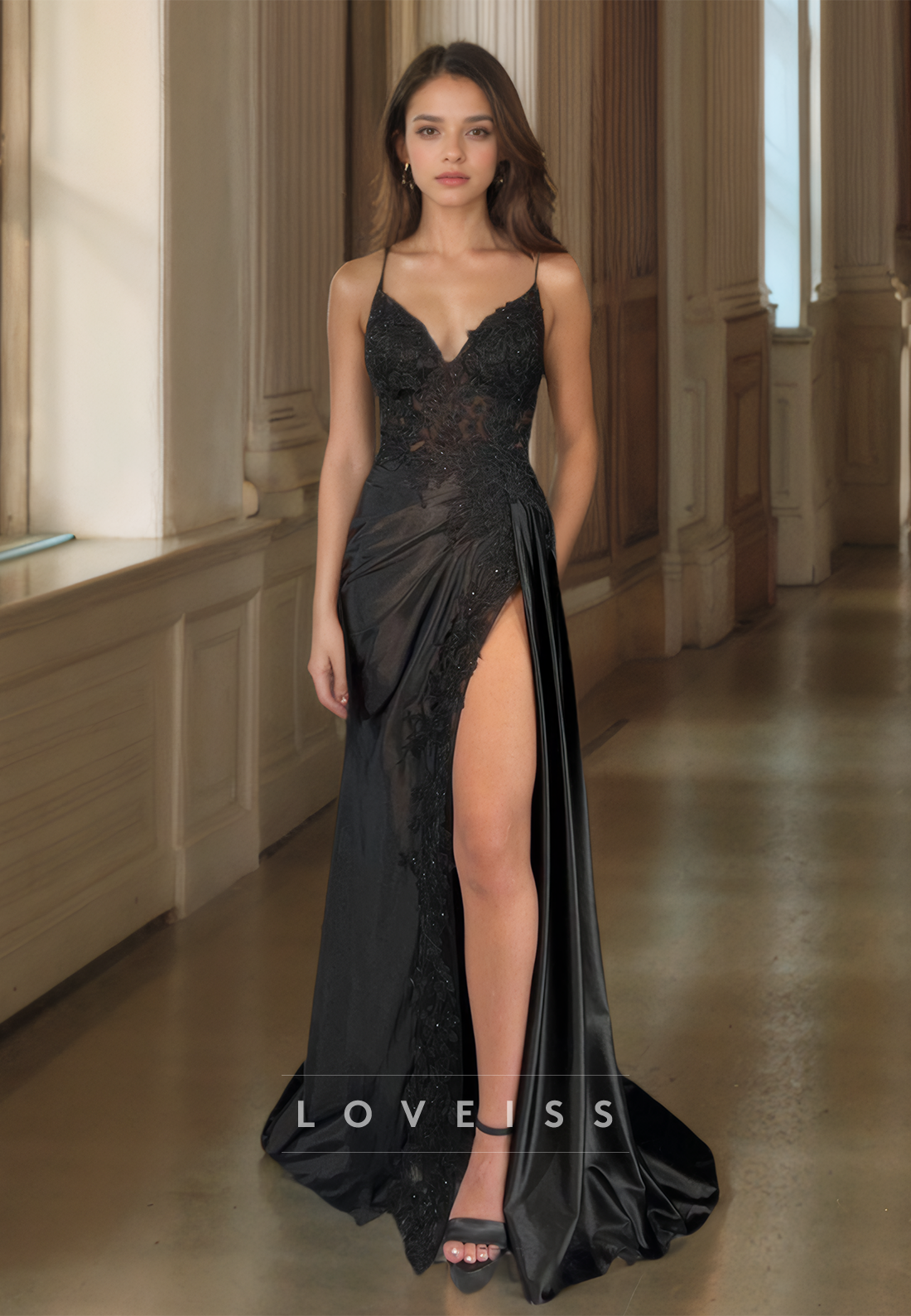 V-Neck Spaghetti Straps Appliques Ruched High Slit Prom Dress