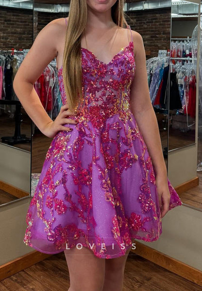 V-Neck Spaghetti Straps Appliques Sequins A-Line Homecoming Dress