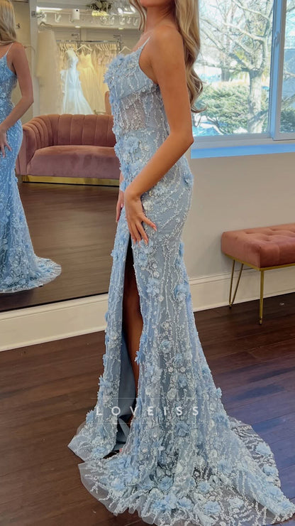 V-Neck Spaghetti Straps Appliques Sheath Prom Dress
