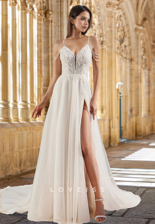 V-Neck Spaghetti Straps Appliques Side Slit A-Line Wedding Dress