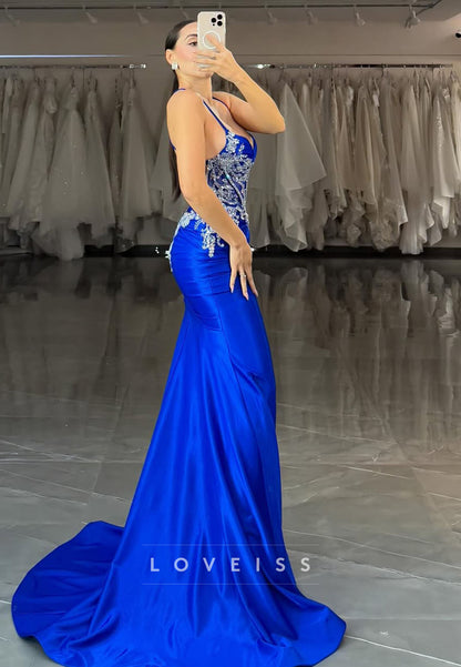 V-Neck Spaghetti Straps Appliques Sleek Mermaid Prom Dress