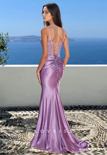 V-Neck Spaghetti Straps Appliques Sleek Mermaid Prom Dress