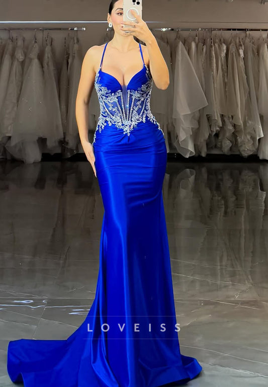 V-Neck Spaghetti Straps Appliques Sleek Mermaid Prom Dress