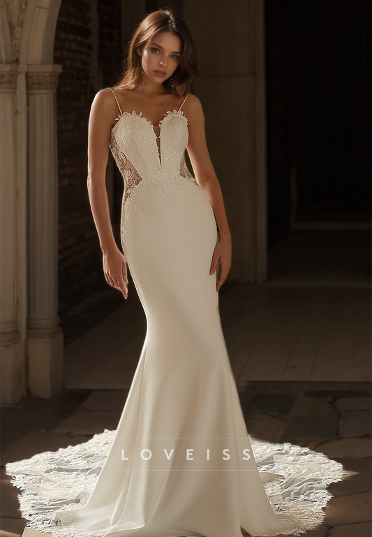 V-Neck Spaghetti Straps Appliques Sleek Mermaid Wedding Dress