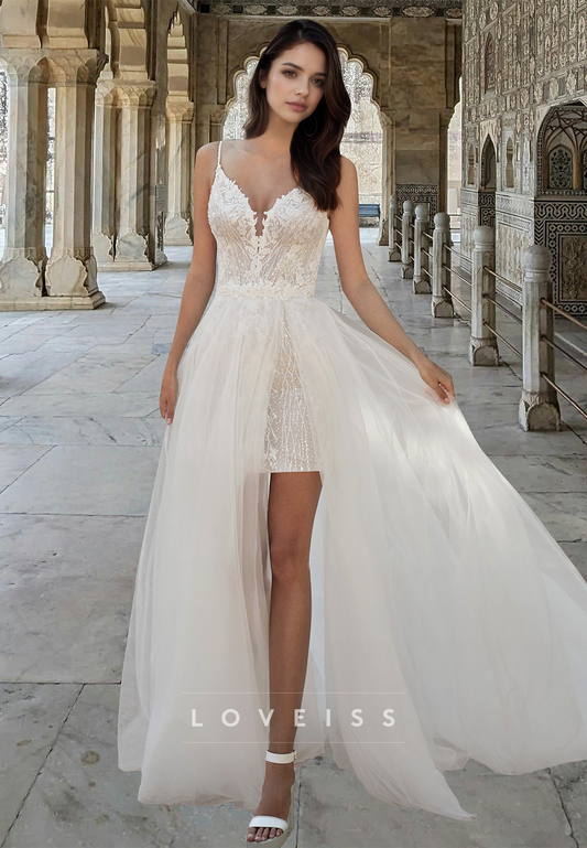 V-Neck Spaghetti Straps Appliques Sparkly Short Beach Wedding Dress