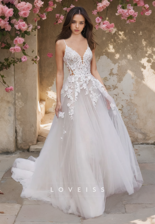 V-Neck Spaghetti Straps Appliques Tulle A-Line Beach Wedding Dress