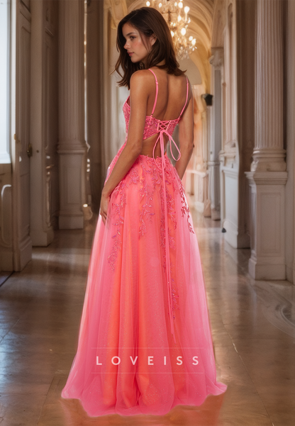 V-Neck Spaghetti Straps Appliques Tulle A-Line Prom Dress