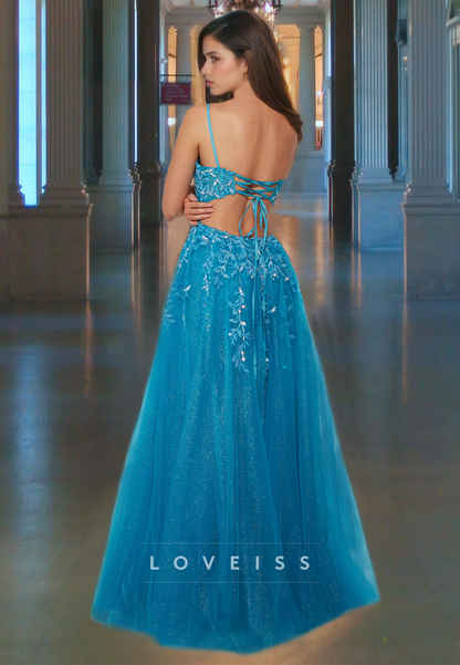 V-Neck Spaghetti Straps Appliques Tulle A-Line Prom Dress