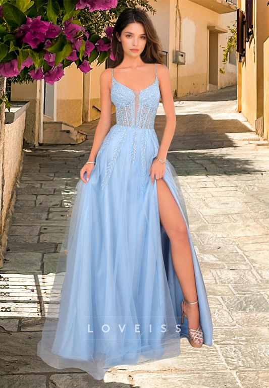 V-Neck Spaghetti Straps Appliques Tulle A-Line Prom Dress