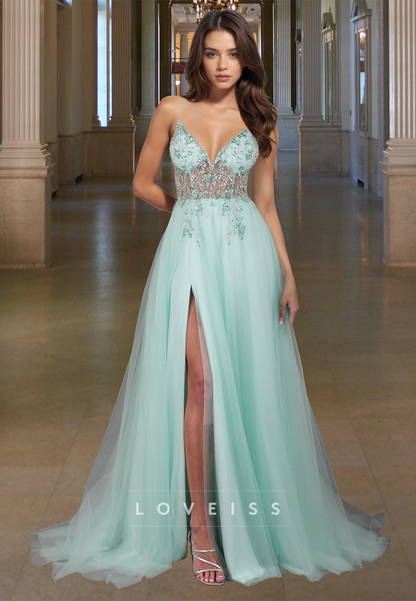 V-Neck Spaghetti Straps Appliques Tulle A-Line Prom Dress