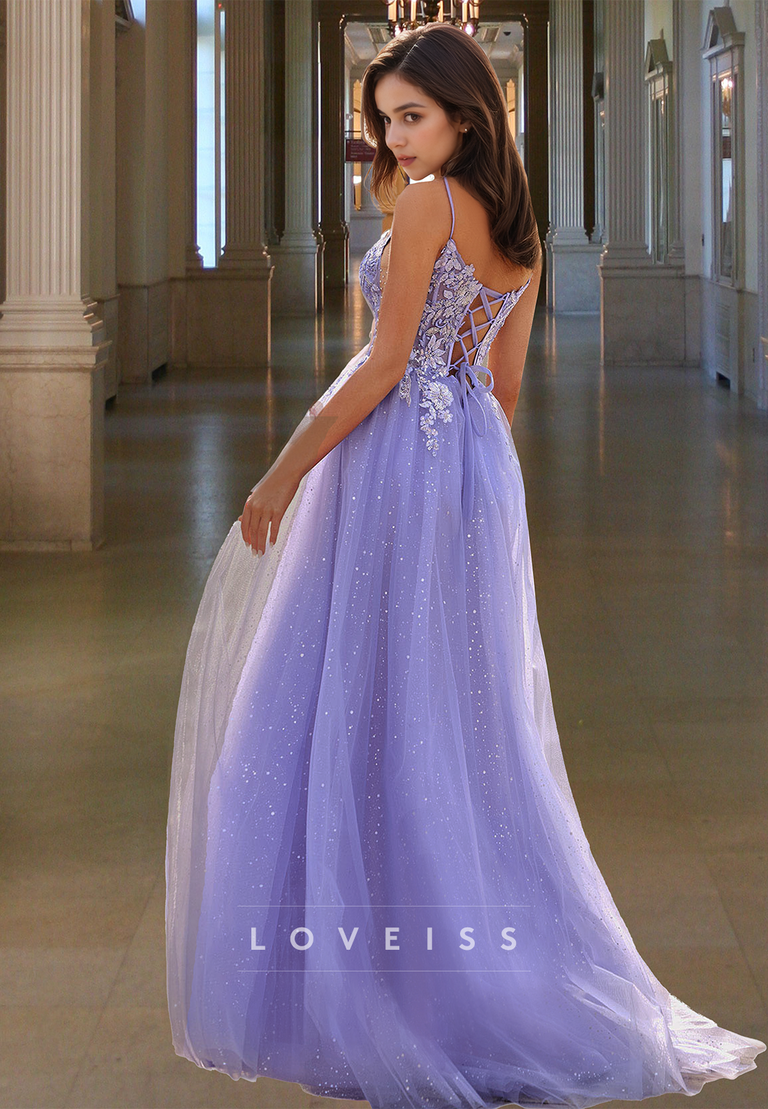 V-Neck Spaghetti Straps Appliques Tulle A-Line Prom Dress