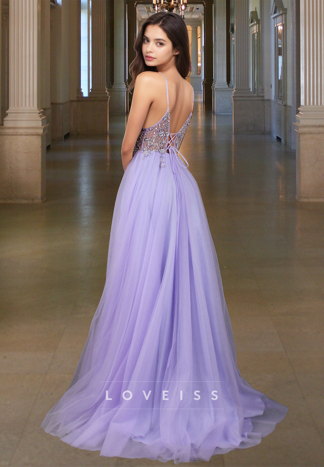 V-Neck Spaghetti Straps Appliques Tulle A-Line Prom Dress