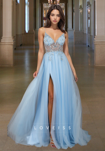 V-Neck Spaghetti Straps Appliques Tulle A-Line Prom Dress