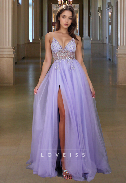 V-Neck Spaghetti Straps Appliques Tulle A-Line Prom Dress