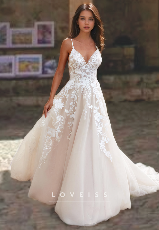 V-Neck Spaghetti Straps Appliques Tulle A-Line Wedding Dress