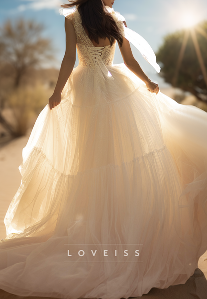 V-Neck Spaghetti Straps Appliques Tulle A-Line Wedding Dress