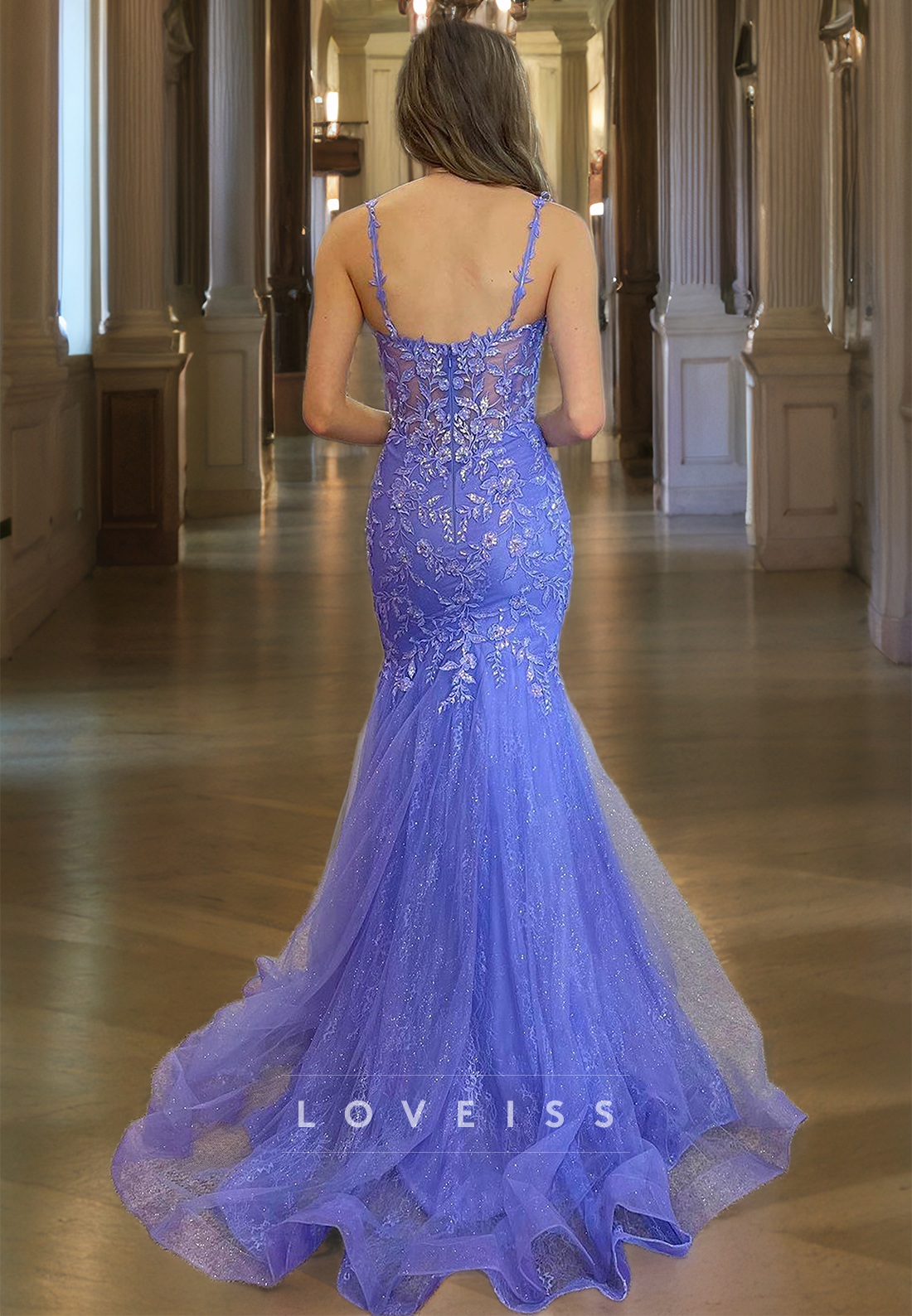 V-Neck Spaghetti Straps Appliques Tulle Mermaid Prom Dress