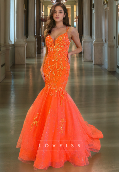 V-Neck Spaghetti Straps Appliques Tulle Mermaid Prom Dress