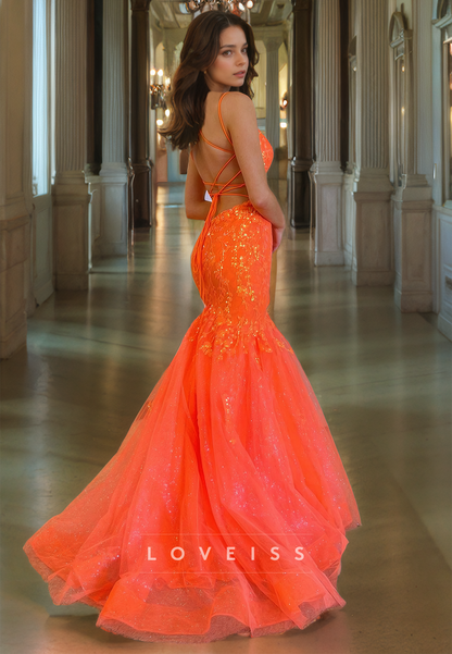 V-Neck Spaghetti Straps Appliques Tulle Mermaid Prom Dress