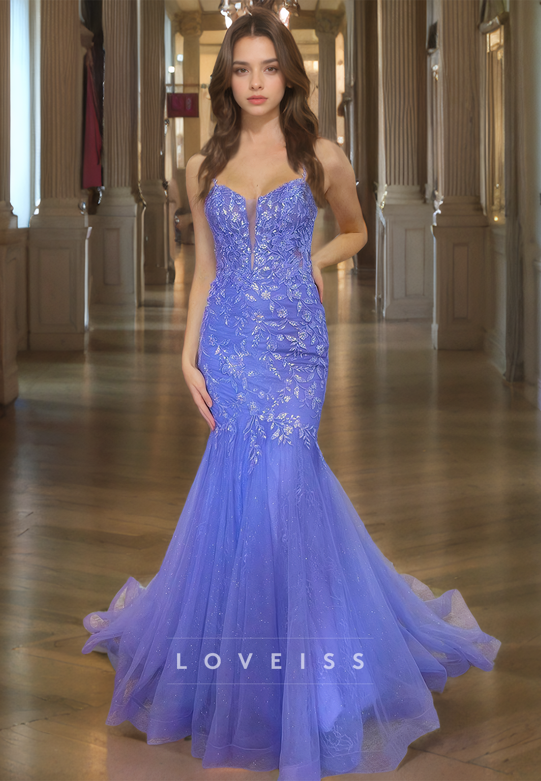 V-Neck Spaghetti Straps Appliques Tulle Mermaid Prom Dress