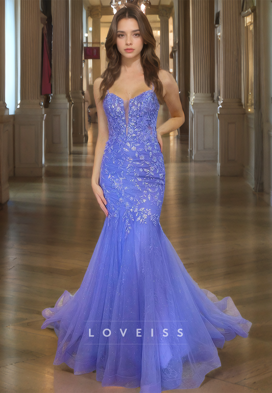 V-Neck Spaghetti Straps Appliques Tulle Mermaid Prom Dress