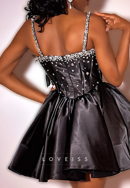 V-Neck Spaghetti Straps Beaded A-Line Short Party Homecoming Dress