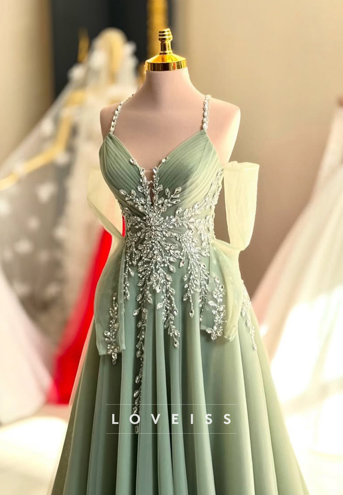 V-Neck Spaghetti Straps Beaded Appliques A-Line Prom Dress