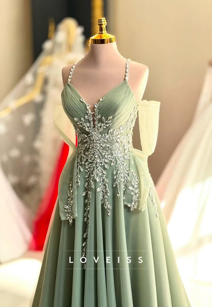 V-Neck Spaghetti Straps Beaded Appliques A-Line Prom Dress