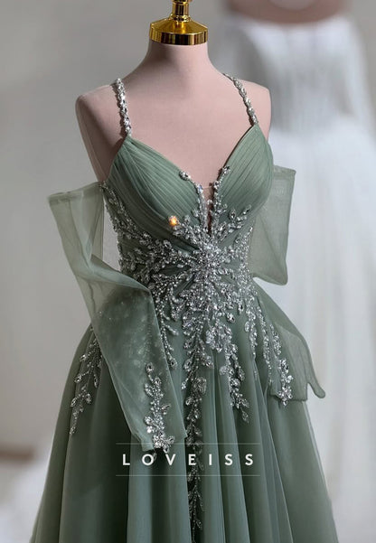 V-Neck Spaghetti Straps Beaded Appliques A-Line Prom Dress