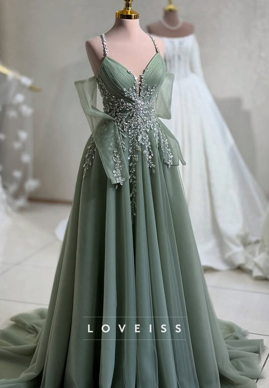 V-Neck Spaghetti Straps Beaded Appliques A-Line Prom Dress