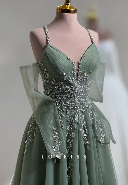V-Neck Spaghetti Straps Beaded Appliques A-Line Prom Dress