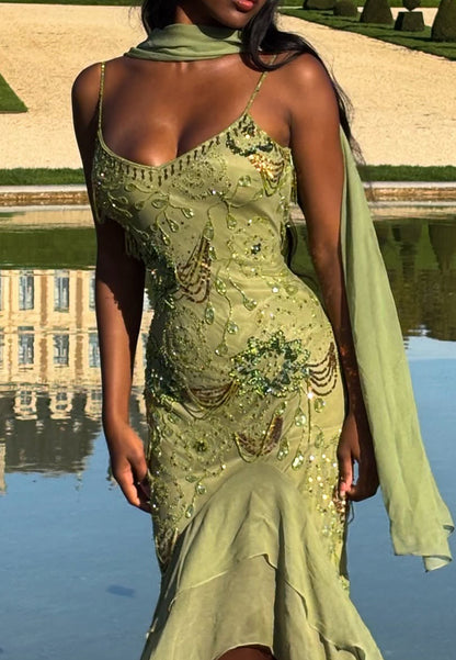 V-Neck Spaghetti Straps Beaded Appliques Mermaid Prom Dress