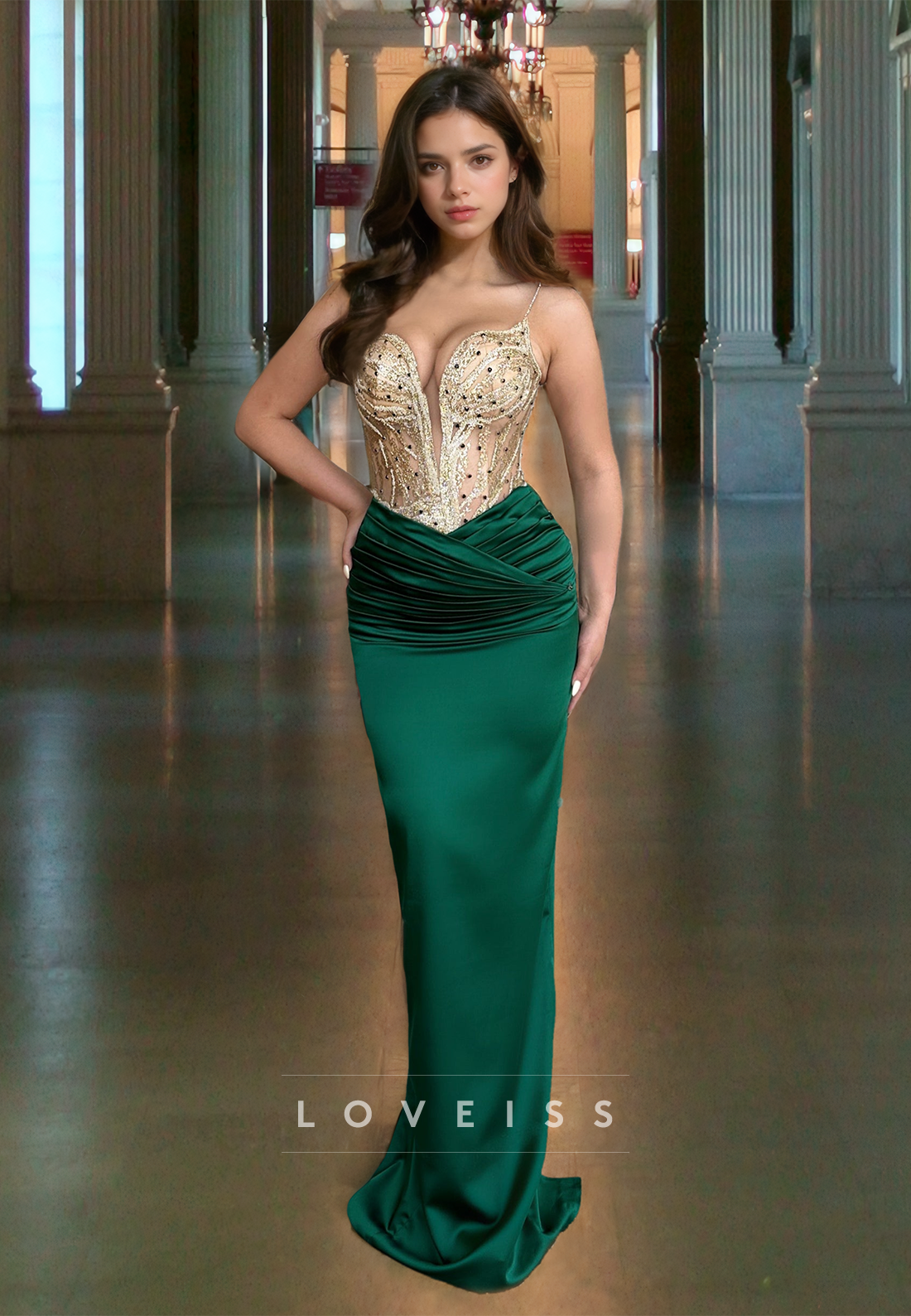 V-Neck Spaghetti Straps Beaded Appliques Mermaid Prom Dress