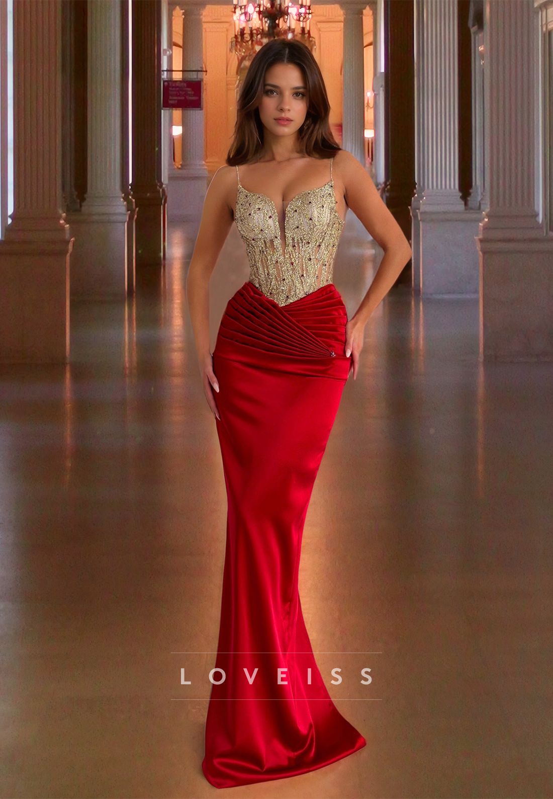 V-Neck Spaghetti Straps Beaded Appliques Mermaid Prom Dress