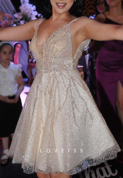 V-Neck Spaghetti Straps Beaded Embroidery A-Line Short Wedding Dress
