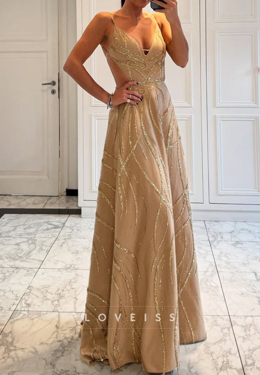 V-Neck Spaghetti Straps Beaded Embroidery Sparkly A-Line Evening Dress