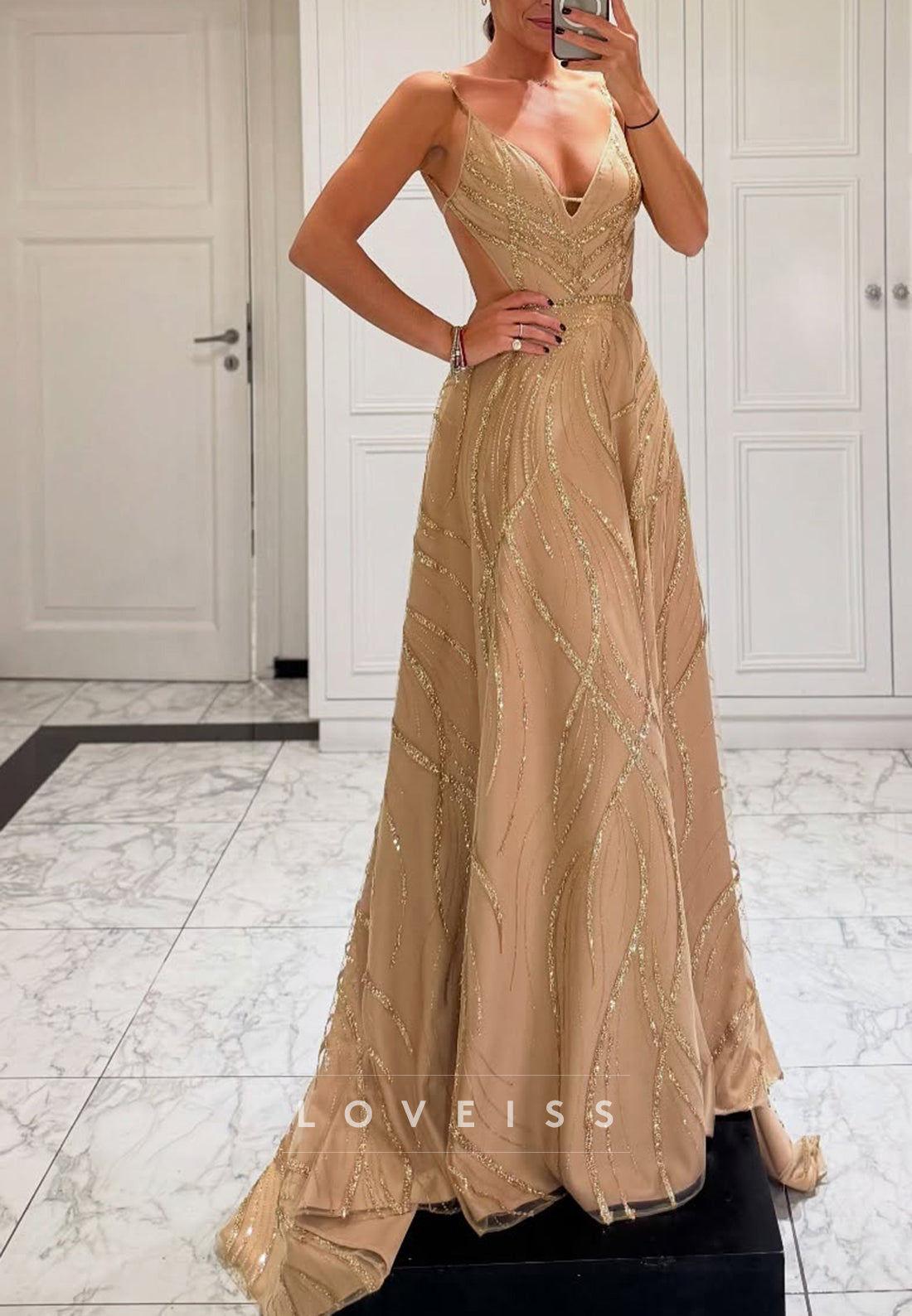 V-Neck Spaghetti Straps Beaded Embroidery Sparkly A-Line Evening Dress