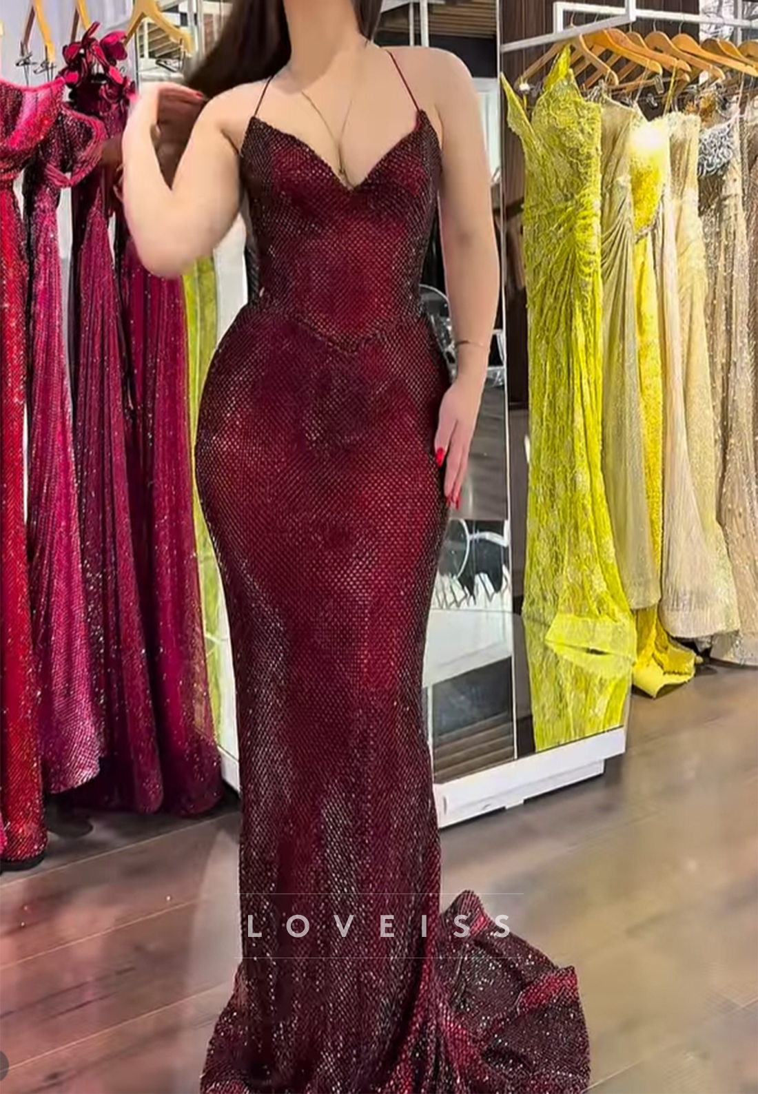V-Neck Spaghetti Straps Beaded Embroidery Sparkly Mermaid Prom Dress