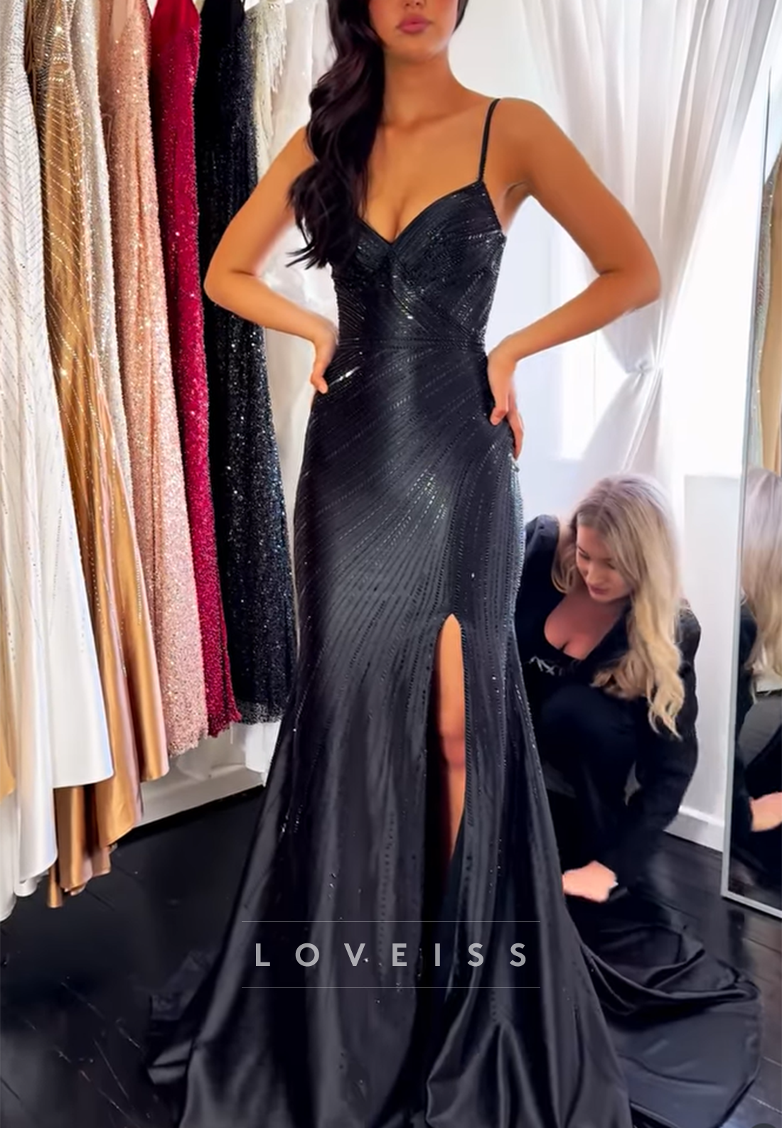 V-Neck Spaghetti Straps Beaded Embroidery Sparkly Mermaid Prom Dress