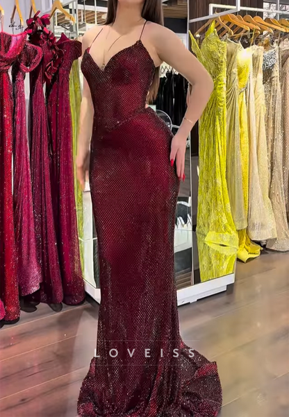 V-Neck Spaghetti Straps Beaded Embroidery Sparkly Mermaid Prom Dress