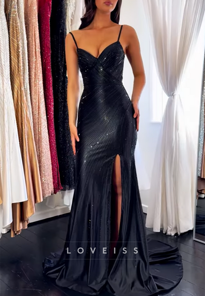 V-Neck Spaghetti Straps Beaded Embroidery Sparkly Mermaid Prom Dress