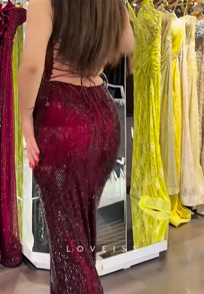 V-Neck Spaghetti Straps Beaded Embroidery Sparkly Mermaid Prom Dress