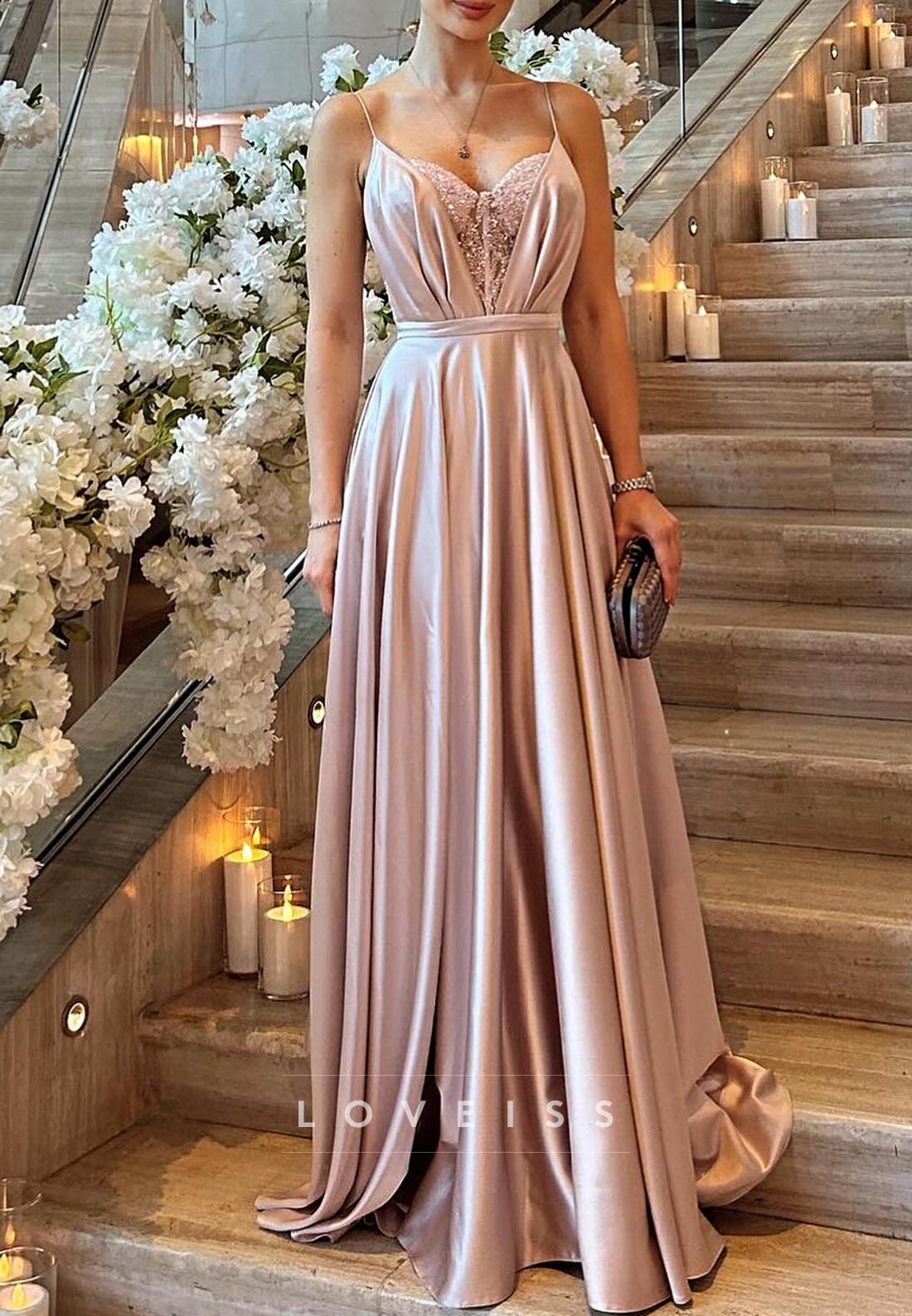 V-Neck Spaghetti Straps Beaded Pleated A-Line Formla Dress