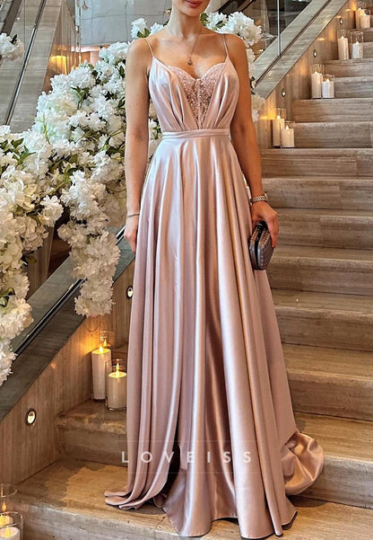 V-Neck Spaghetti Straps Beaded Pleated A-Line Formla Dress